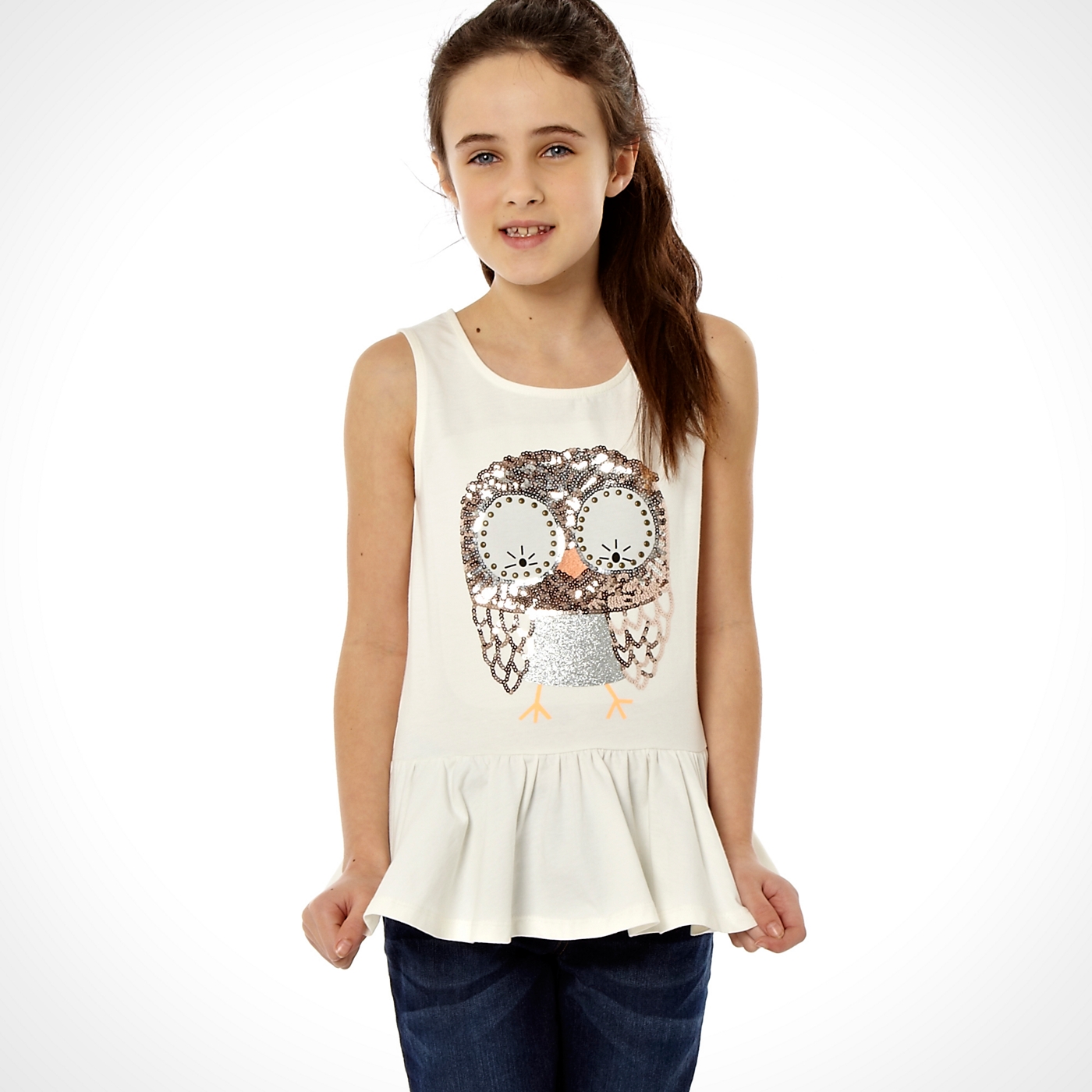 bluezoo Cream studded owl peplum top