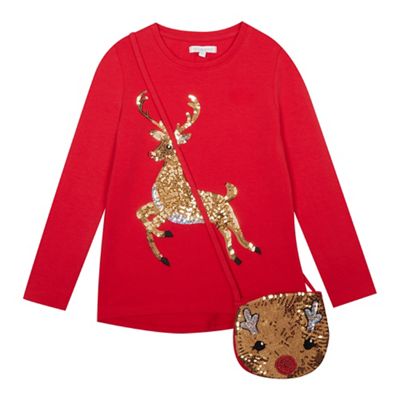 bluezoo - Girls' red sequined reindeer T-shirt and bag set
