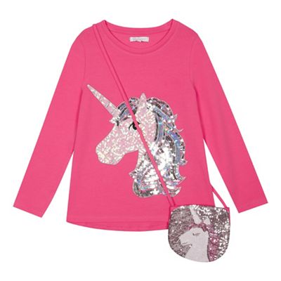 bluezoo - Girls' unicorn print pink sequined top with a bag