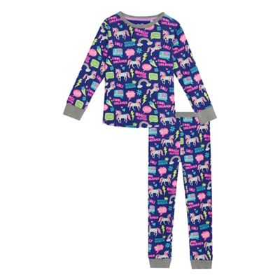 bluezoo - Girls' purple unicorn print cotton long sleeve pyjama set