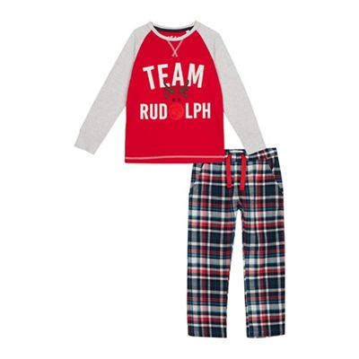 Lounge & Sleep - Kids' red check print 'Team Rudolph' cotton pyjama set