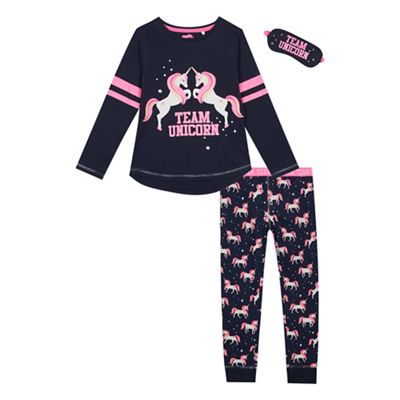 bluezoo - Girls' navy unicorn print pyjama set