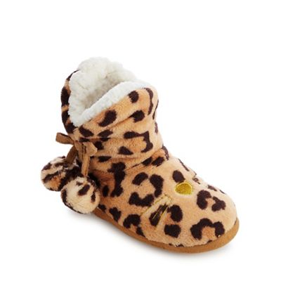 bluezoo - Kids' brown fleece leopard print bootie slippers