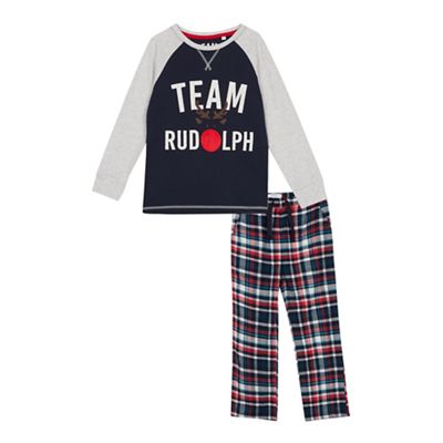 Lounge & Sleep - Kids' navy check print 'Team Rudolph' cotton pyjama set