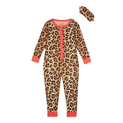 bluezoo - Girls' cream leopard print onesie with an eye mask