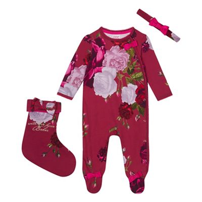 Baker by Ted Baker - Baby girls' dark pink sleepsuit, headband and stocking set