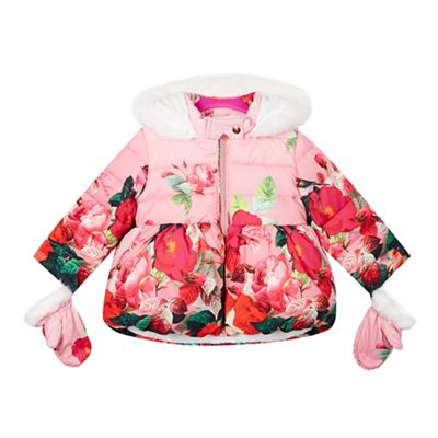 Baker by Ted Baker Girl's pink floral faux fur coat and mittens | Debenhams