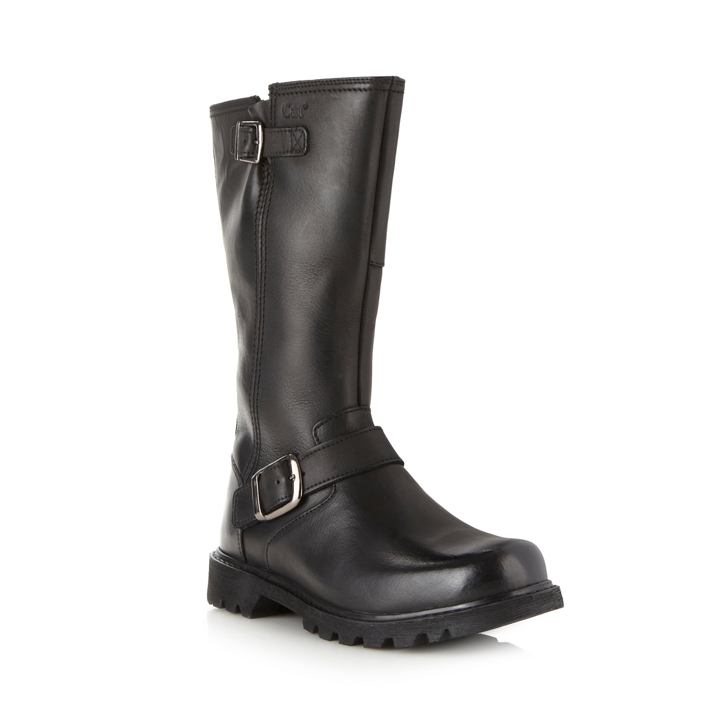 Caterpillar Black leather buckle mens tall biker boots