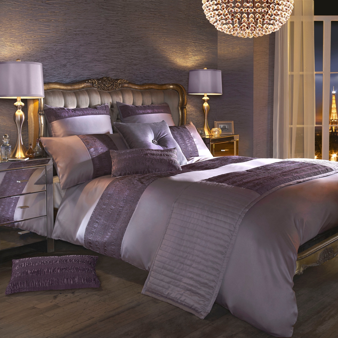 Kylie Minogue at home Lilac Ribble satin bed linen