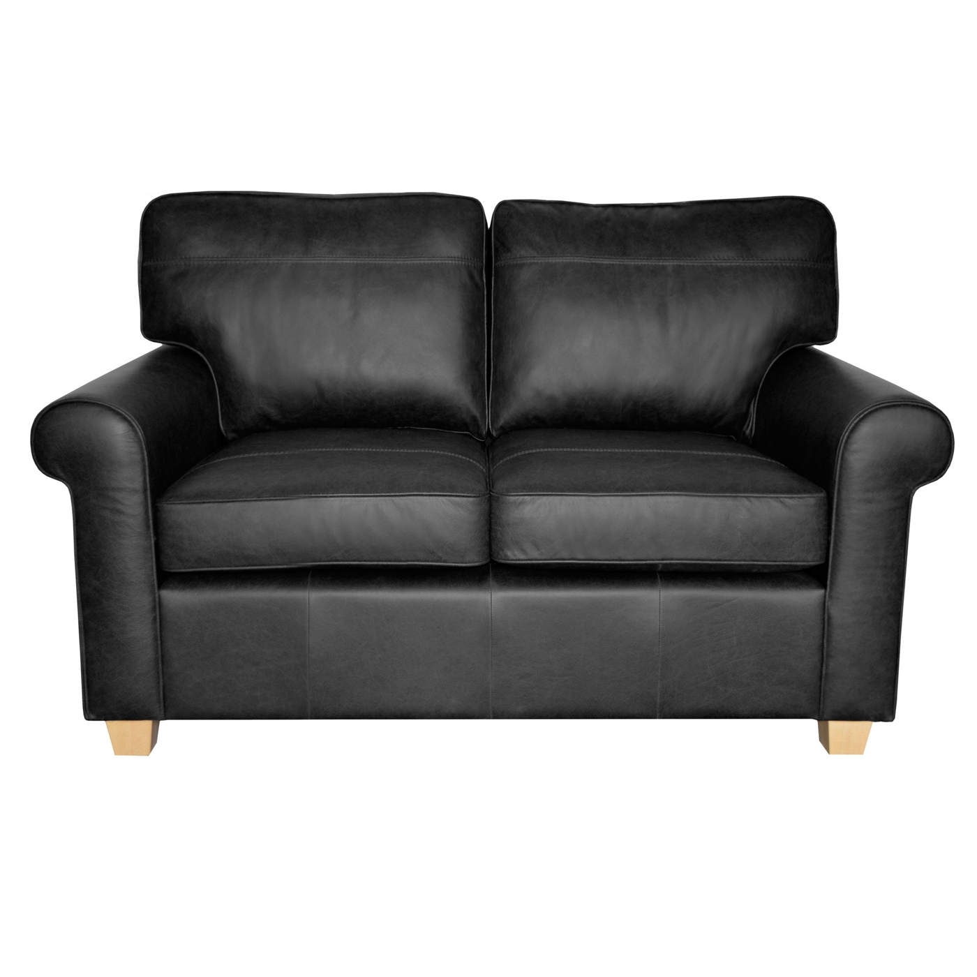 Small black leather Oban sofa with light wood feet