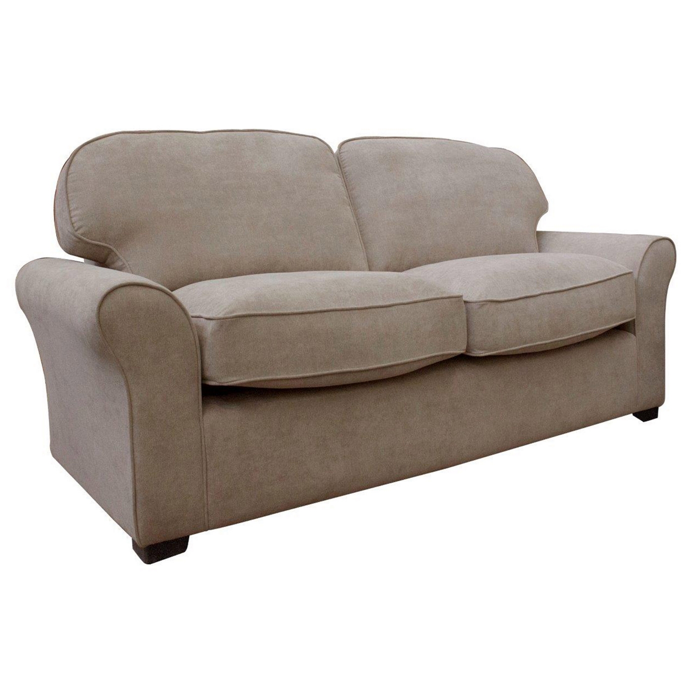 Small taupe Kismet sofa with dark wood feet