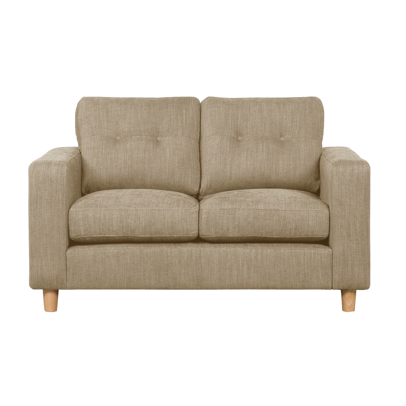 Small camel coloured Simmone sofa with light wood feet