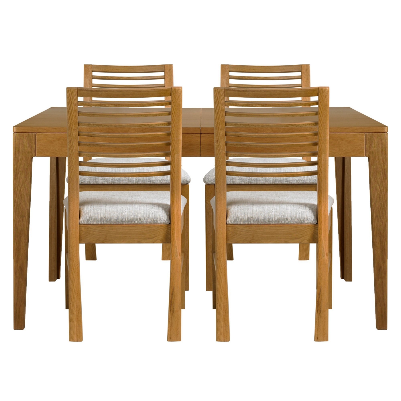 Oak Nord extending table and 4 chairs with cream fabric seats