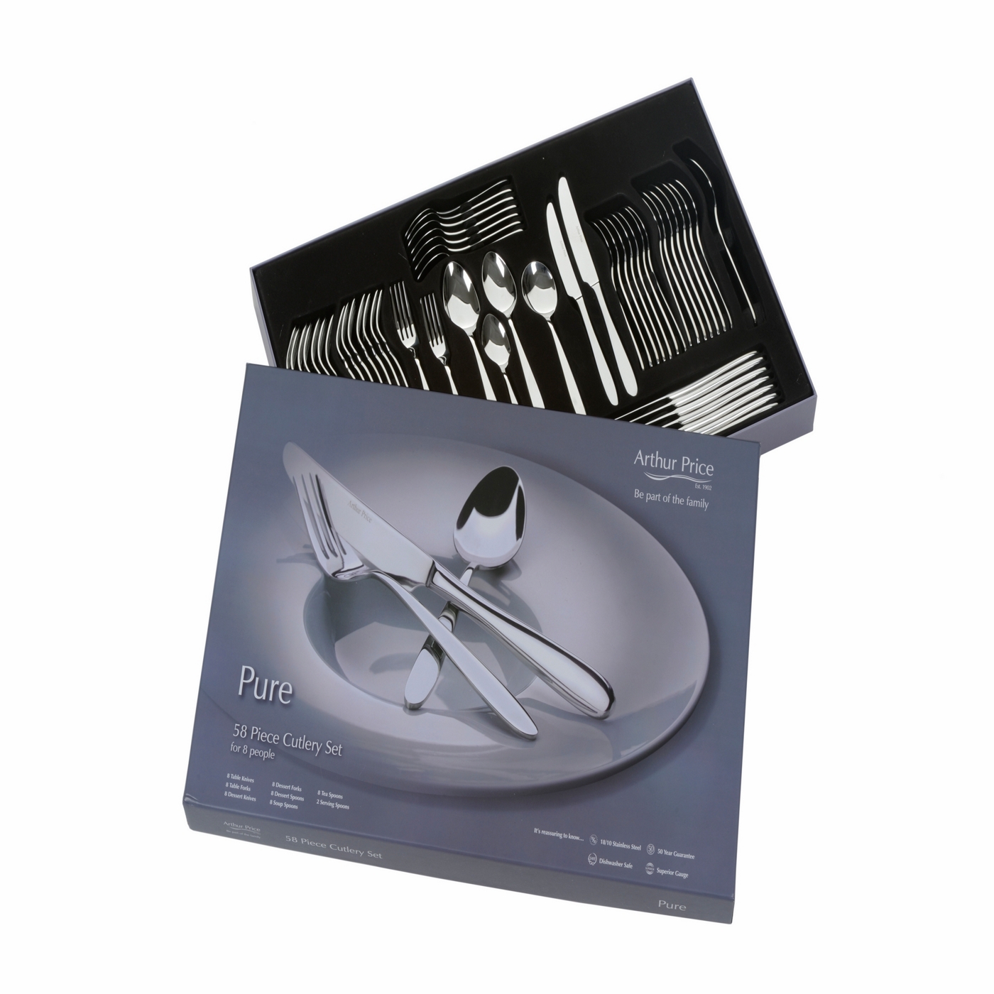 Arthur Price Pure  58 piece 8 person 18/10 stainless steel box set