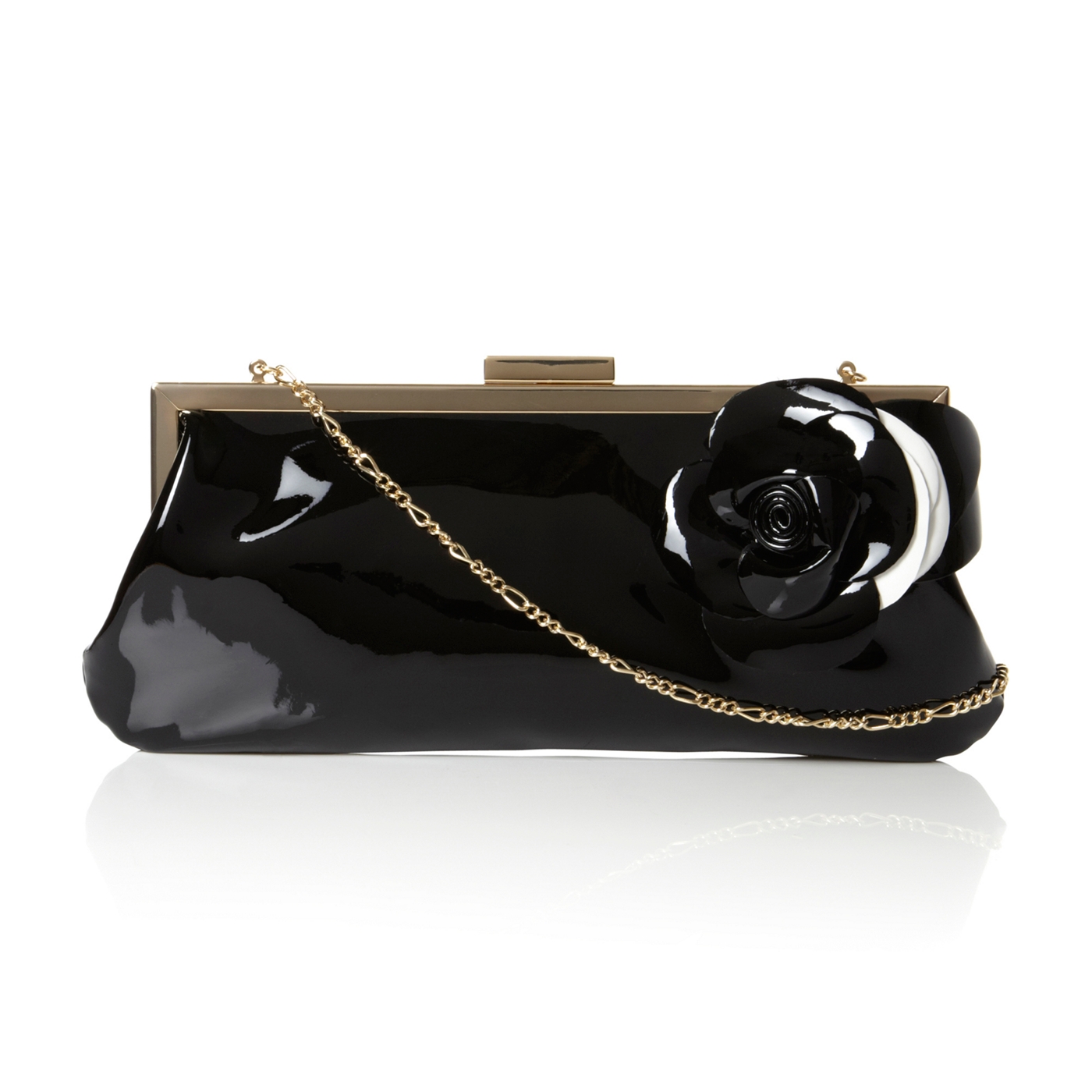 Dune Black patent bex large flower corsage clutch bag