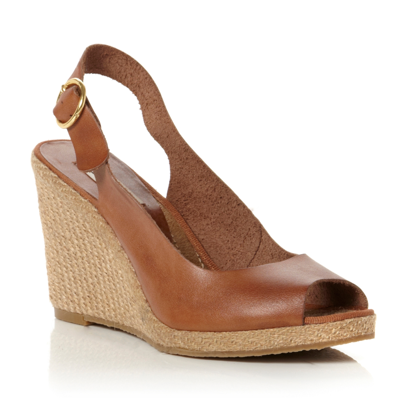 Dune Tan leather gleeful peep toe espadrille slingback wedge sandal