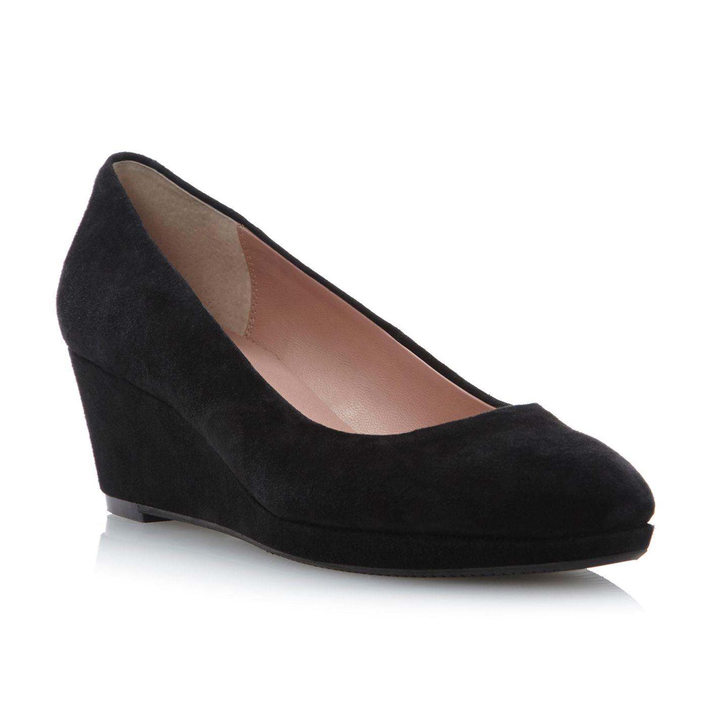 Dune Black suede Abandon low platform wedge heeled court shoe