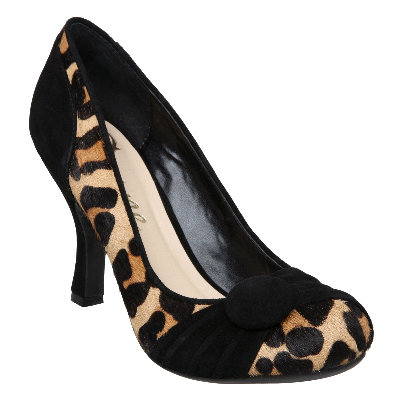 Dune Dune leopard aristotle curved heel button detail court shoe