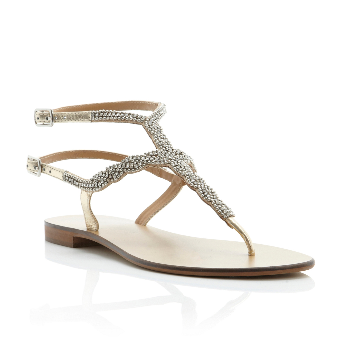 Dune Gold leather Kart beaded diamante t bar sandal