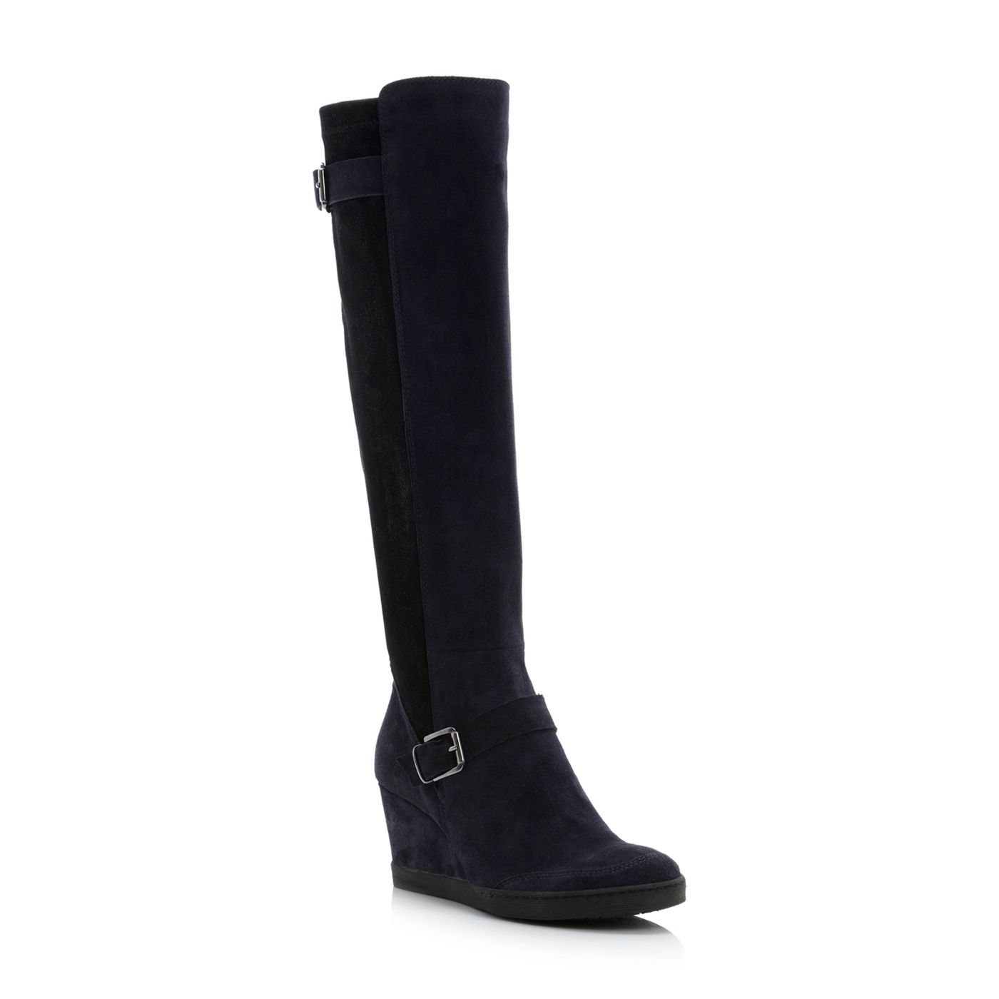 Dune Navy suede toddy panelled knee high wedge boots