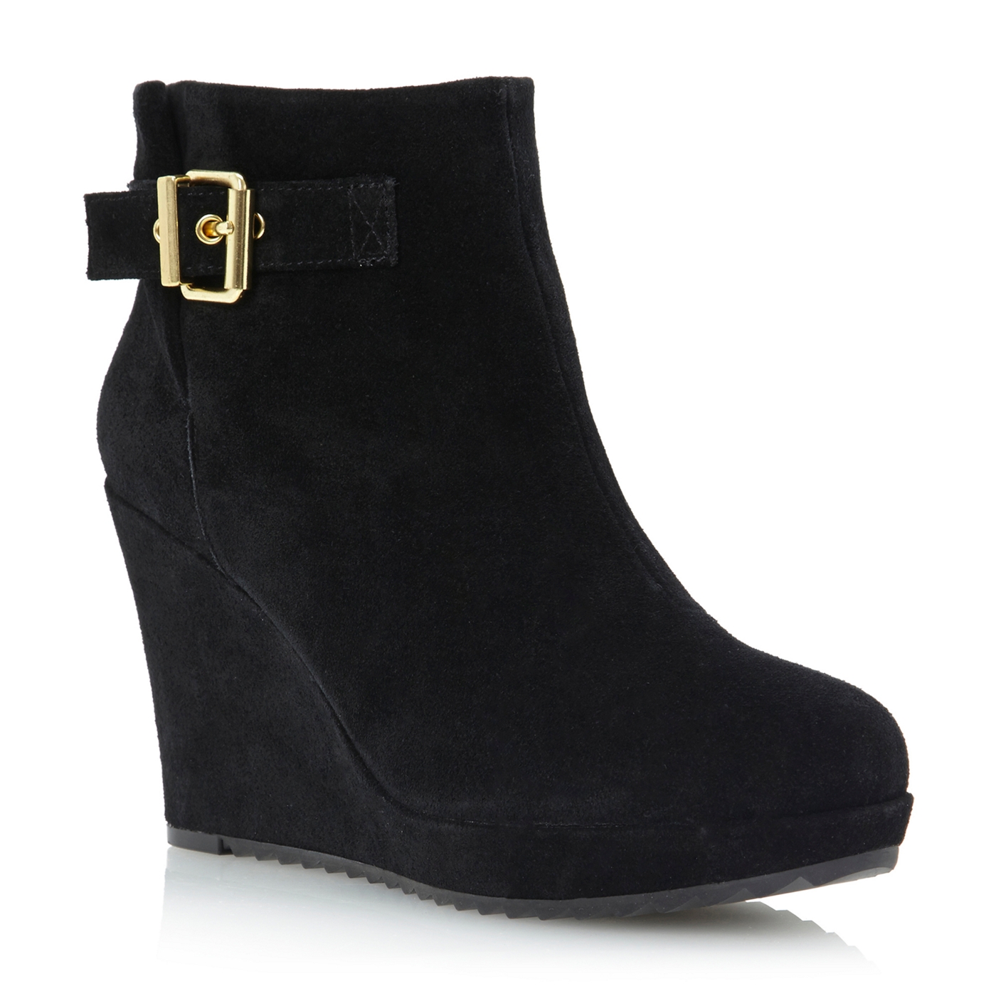 Dune Black peet side buckle wedge ankle boots