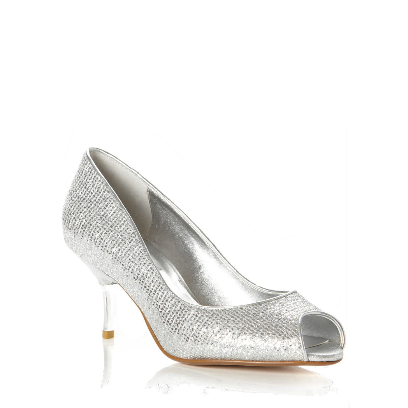 Dune Dune silver fabric decor metal heel glitter peep toe court shoe