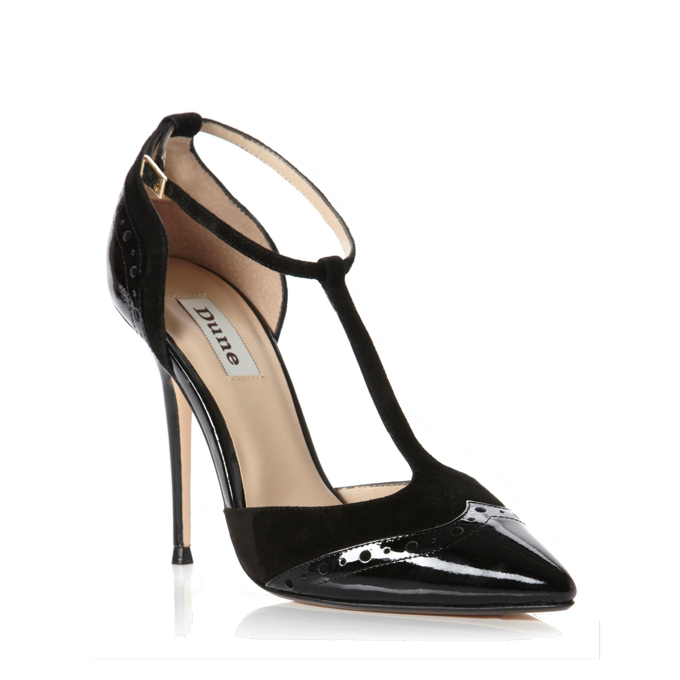 Dune Dune black patent capsule brogue detail t bar court shoe