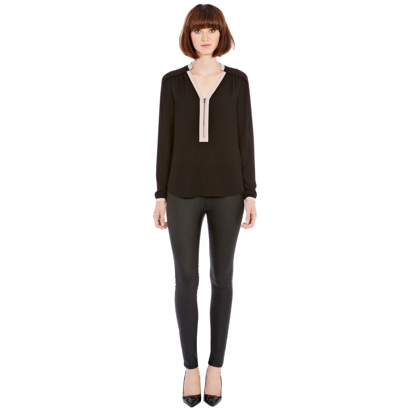 Warehouse Warehouse zip front long sleeve blouse