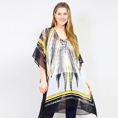 Green Tie Front Feather Print Kaftan