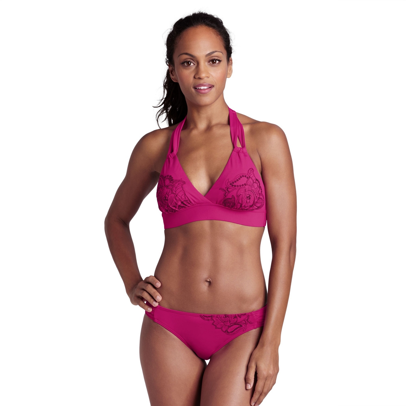 Lands End Pink womens v neck embroidered bikini top