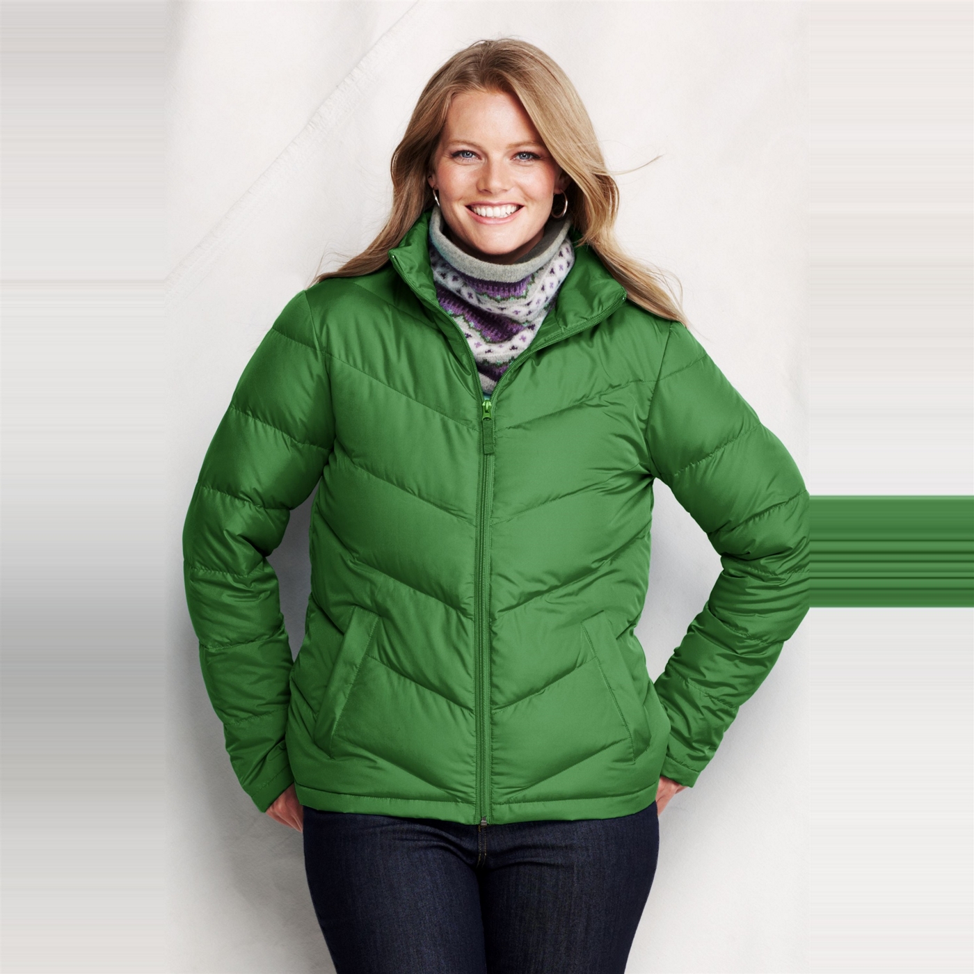 Lands End Green womens plus chevron quilt down jacket