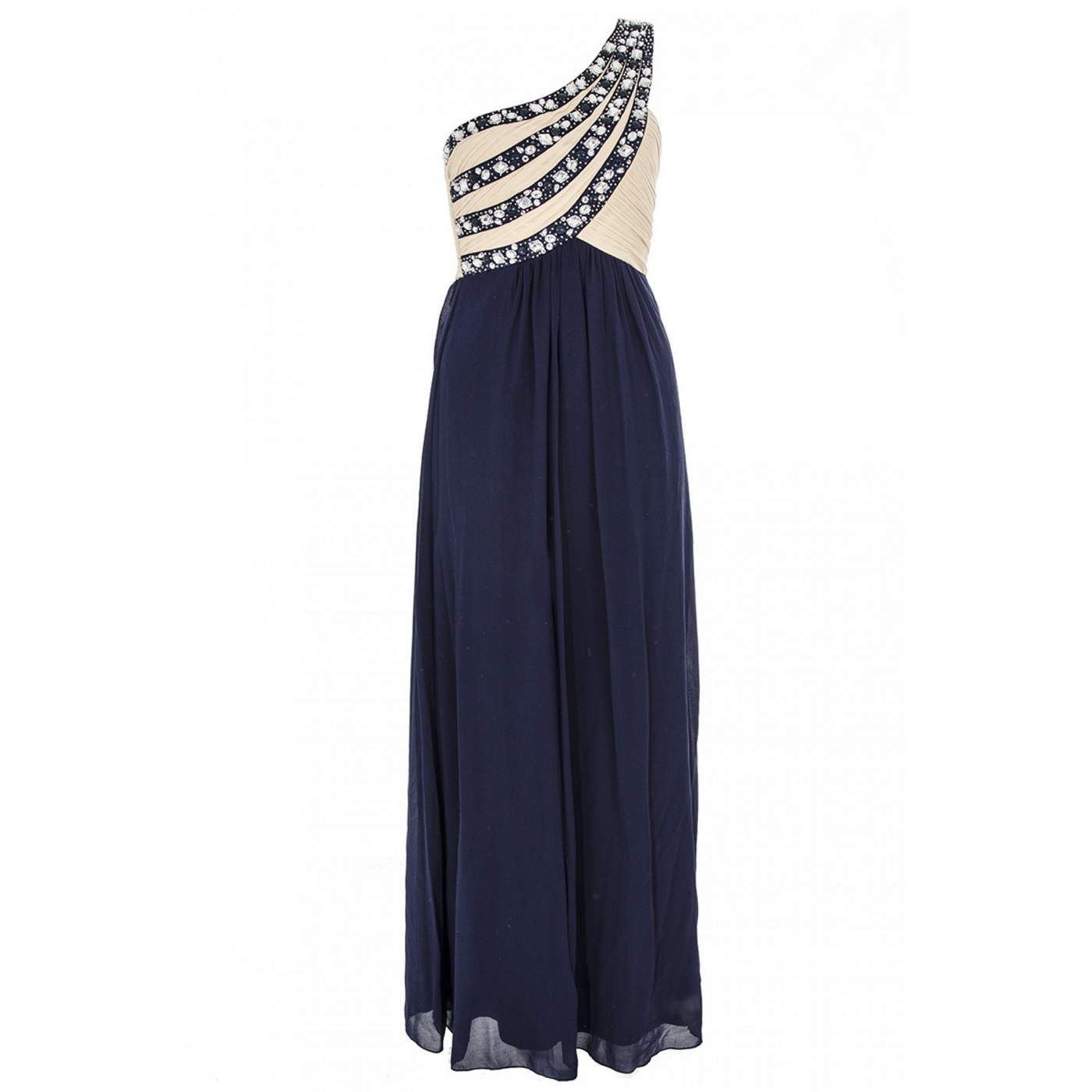 Quiz Stone and Navy Blue One Shoulder Diamante Maxi Dress