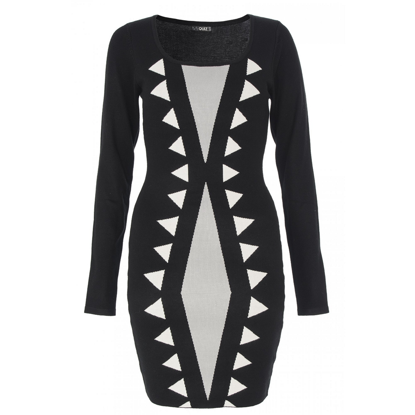 Quiz Black & Cream Printed Long Sleeve Knitted Dress