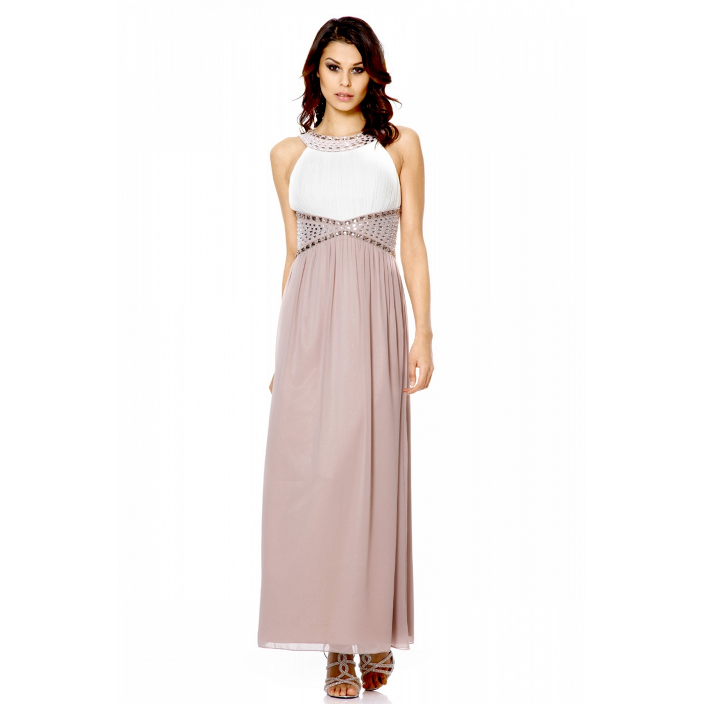 Quiz Mocha Chiffon Beaded Maxi Dress