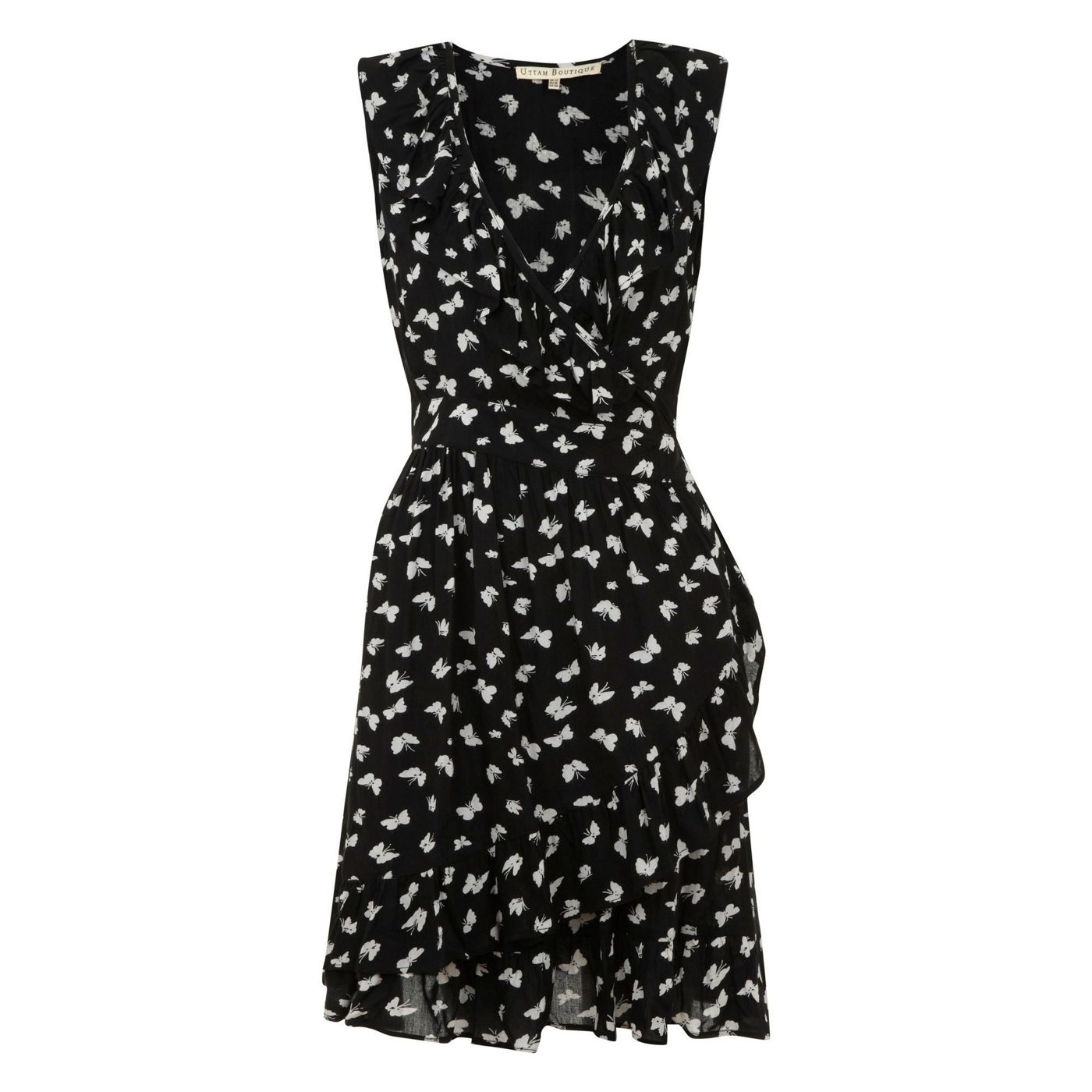 Uttam Boutique Black Butterfly frilly wrap dress