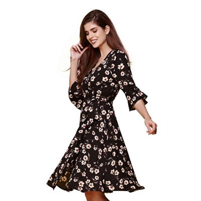 Yumi Black floral print wrap dress | Debenhams